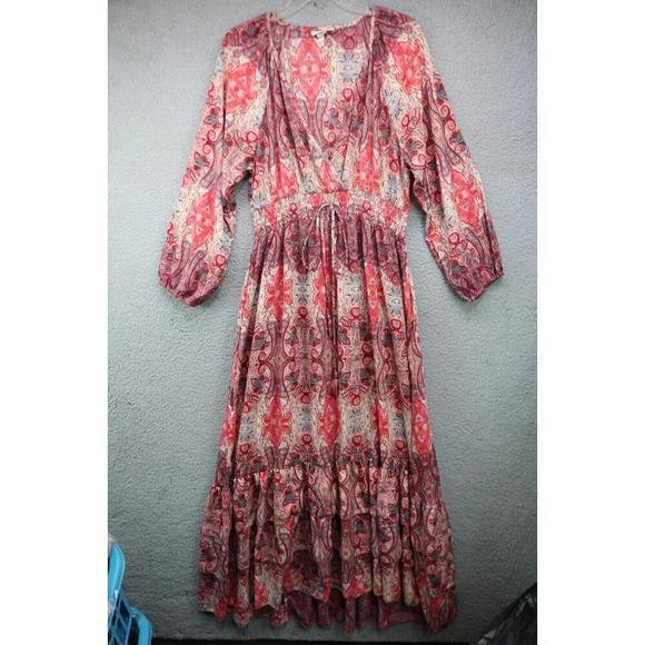 Chaudry Silky Bohemian Long Balloon Sleeves Maxi Dress-Size Large-Tiered-Ruffles - Picture 1 of 10